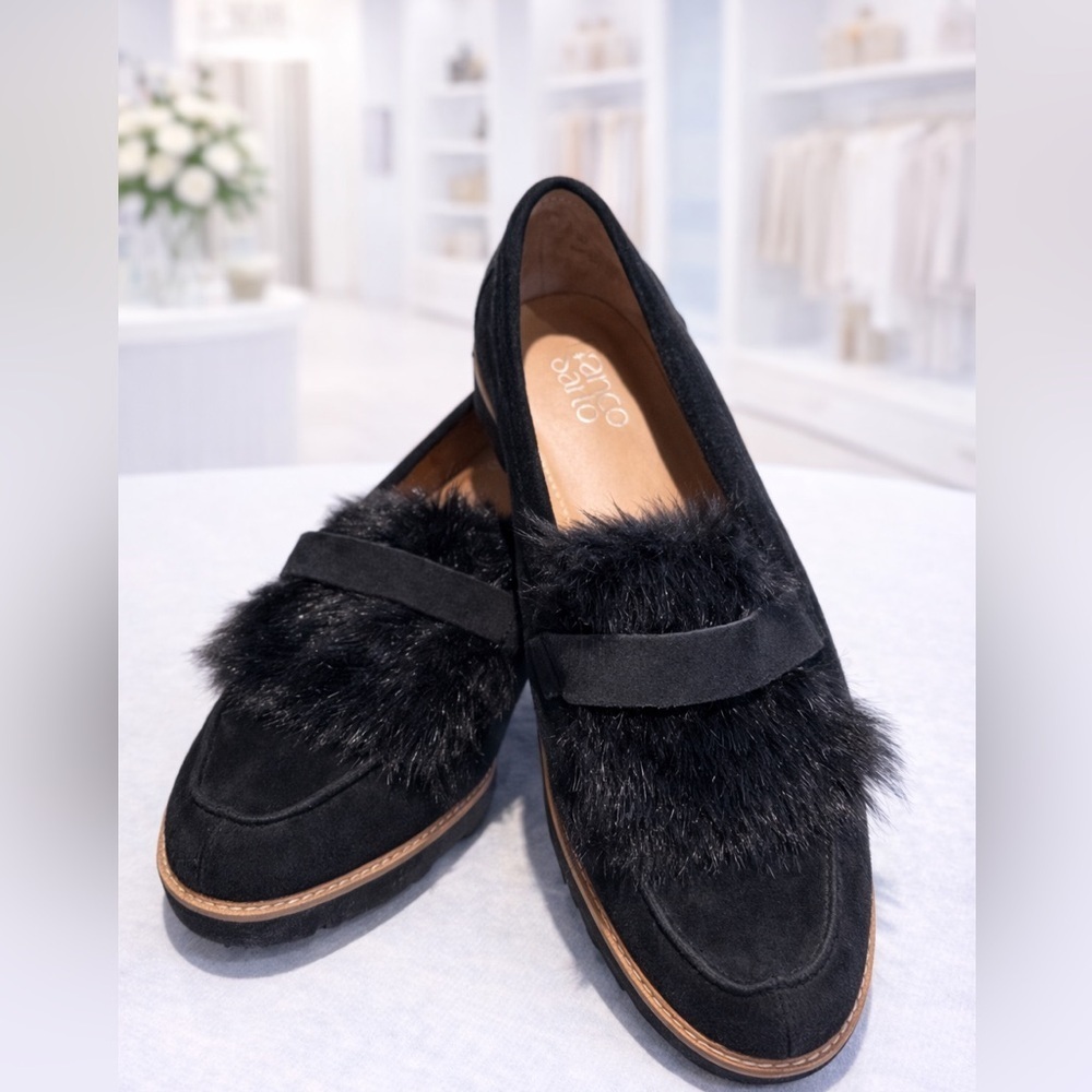 Franco Sarto Black Suede Faux Fur Loafers Slip on Flats-NWOT - Picture 3 of 5
